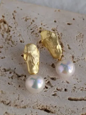 Matte Gold Gilded Baroque Pearl Relief Earrings