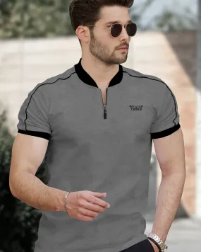 men grey-black contrast Zipper neck T-Shirt