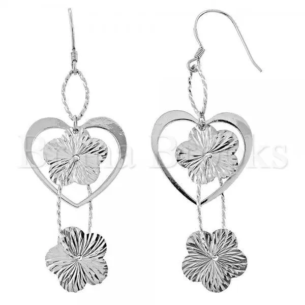 Sterling Silver 02.183.0020 Long Earring, Flower Design, Diamond Cutting Finish, Rhodium Tone