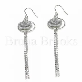 Sterling Silver 02.367.0004 Long Earring, Flower Design, with White Crystal, Polished Finish, Rhodium Tone