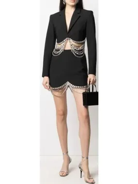 Women’s Crystal Draped Cropped Jacket and Skirt Set, Black