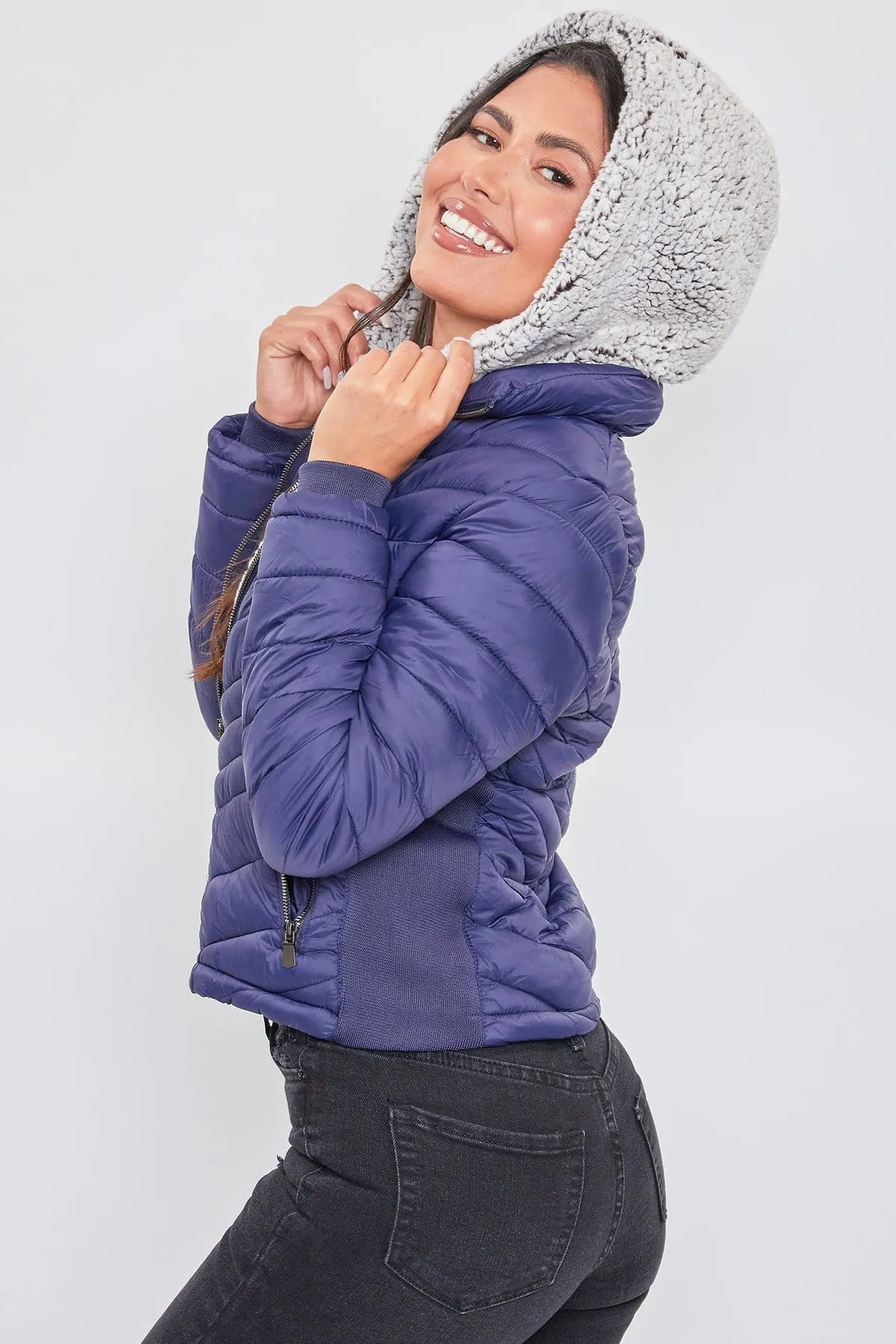 Women's Winter Puffer Jacket With Sherpa Fur Hoodie