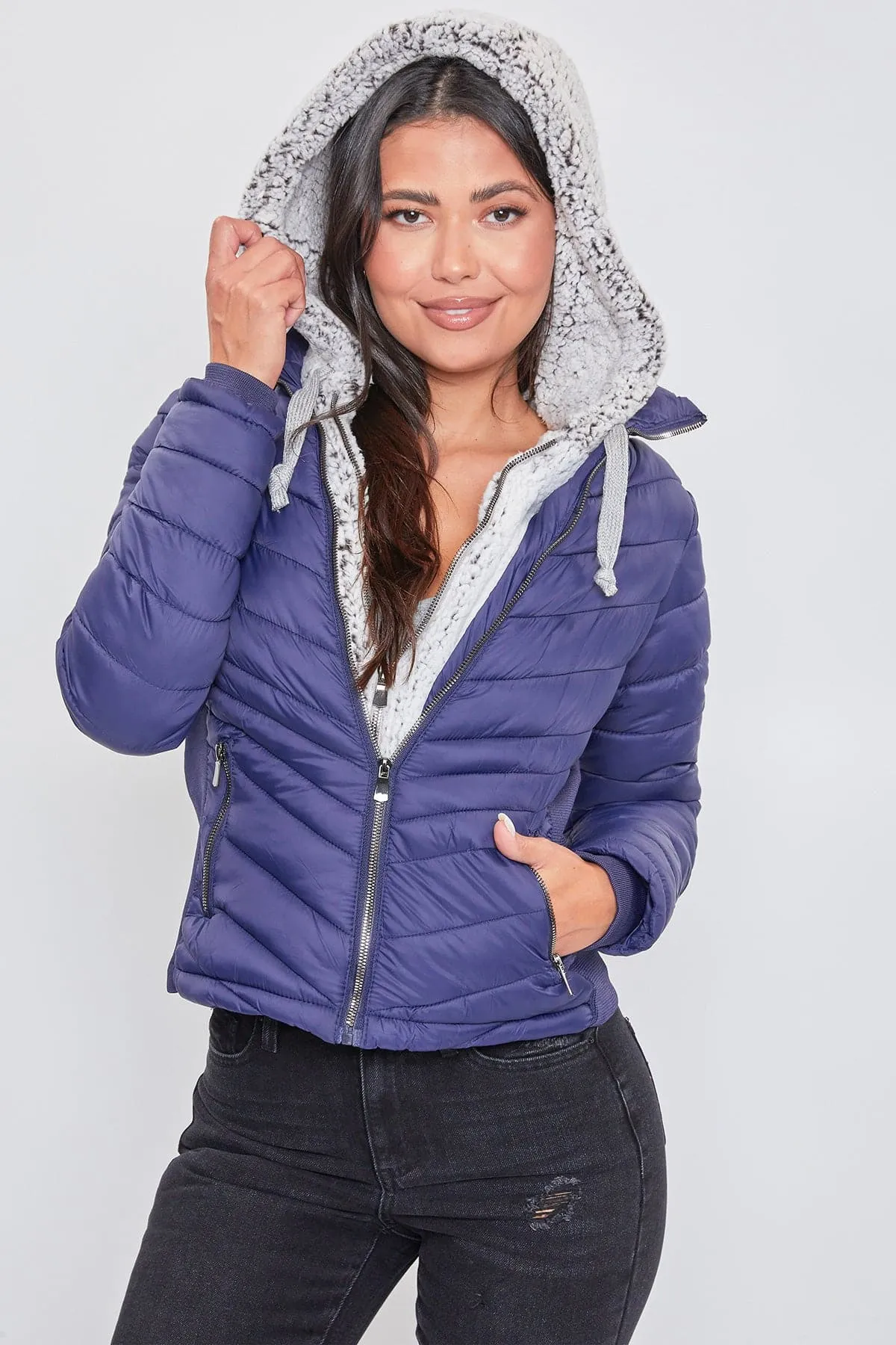 Women's Winter Puffer Jacket With Sherpa Fur Hoodie