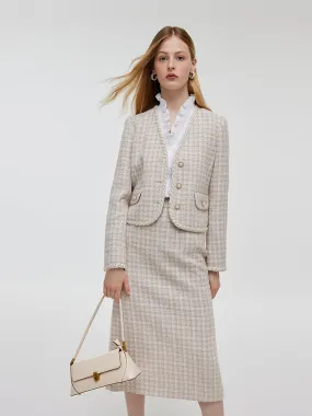 Wool Blend Tweed V-Neck Women Crop Jacket And Skirt Two-Piece Set